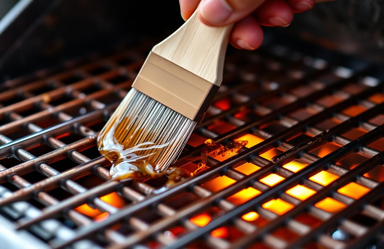 Grillin öljyäminen – kasviöljyn sively pensselillä kuumalle grilliritilälle hehkuvien hiilien päällä