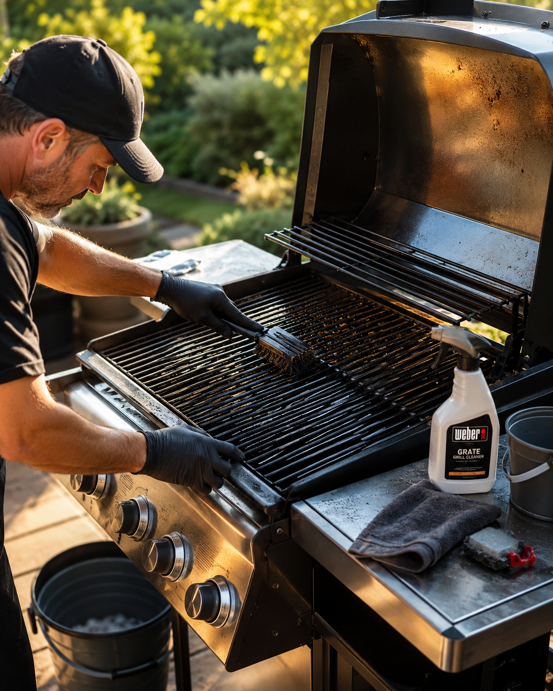 Grillin pesu pihalla – henkilö suihkuttaa vettä ja vaahtoa kaasugrillin ritilälle