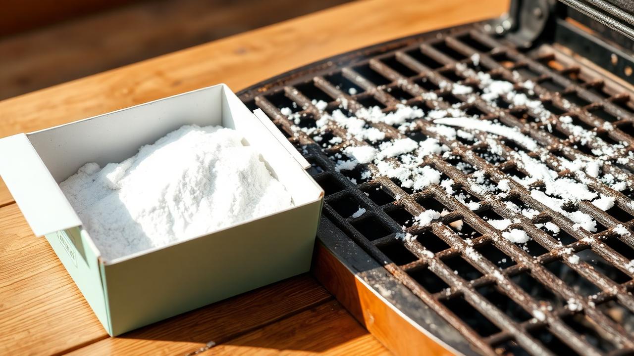 Grillin puhdistus soodalla – ruokasoodatahna levitettynä likaiselle grilliritilälle