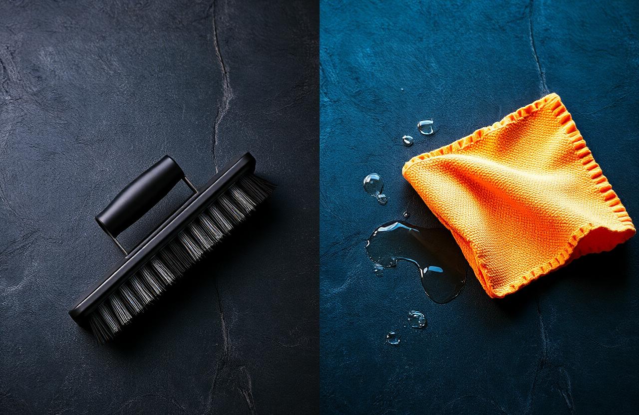 Grillin puhdistusliina vs harja – mustasta grilliharjasta ja oranssista mikrokuituliinasta vertailukuva