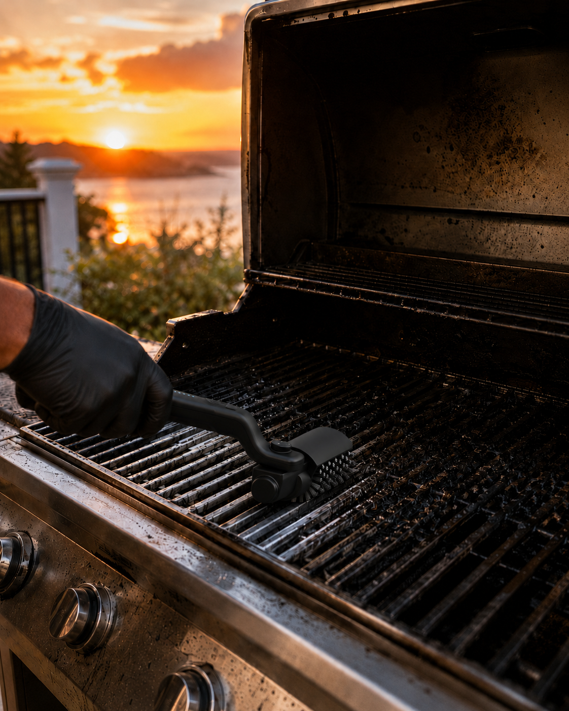 Kaasugrillin puhdistus auringonlaskussa – grilliharja irrottaa rasvan ritilästä