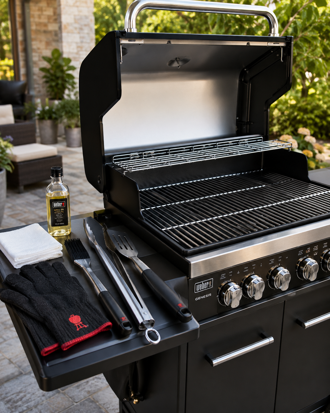 Uuden grillin käyttöönotto – uusi Weber Genesis -kaasugrilli grillaustarvikkeineen pihalla