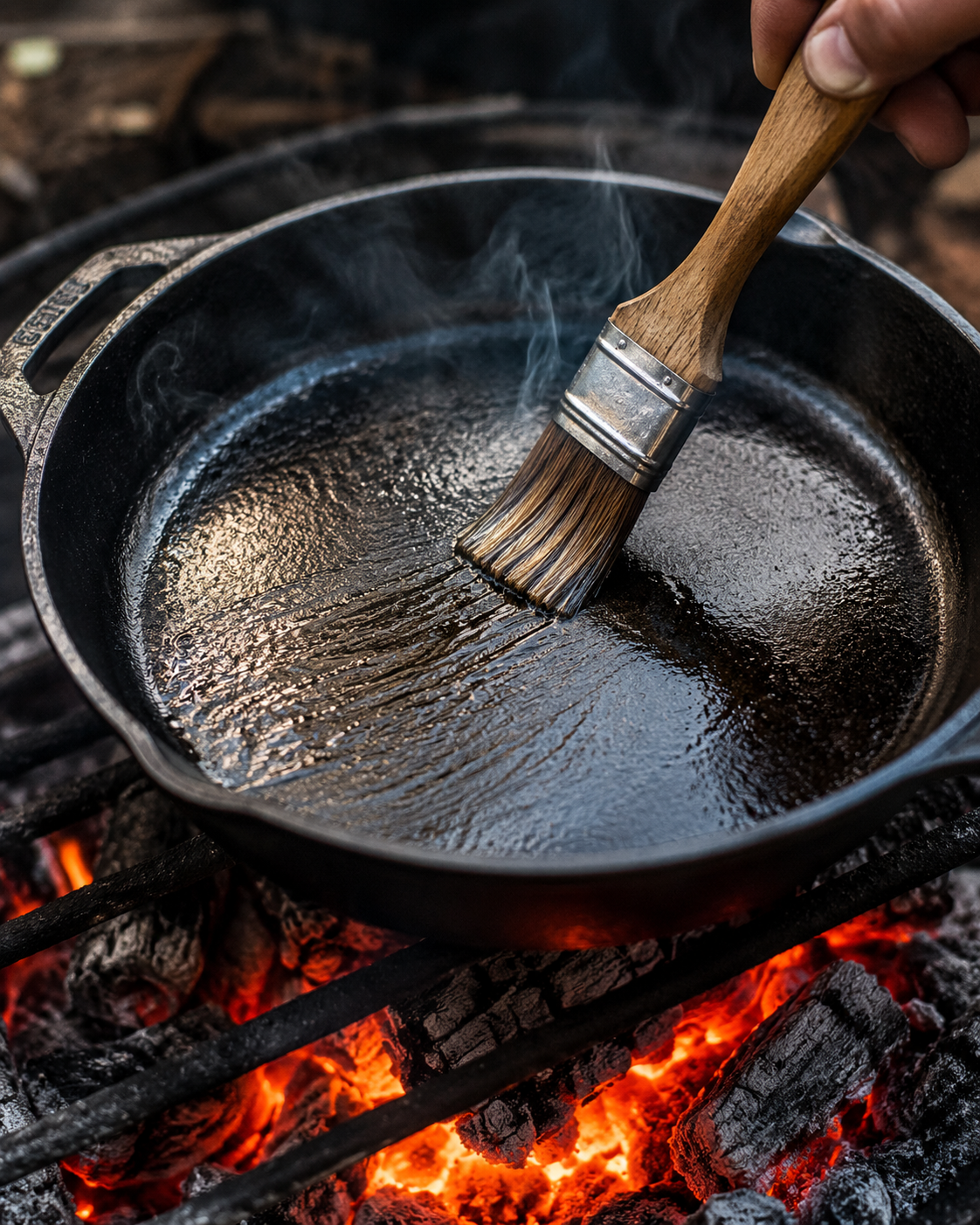 Valurautaparilan puhdistus ja patinointi – öljyn sively valurautapannuun grillin hiilien päällä